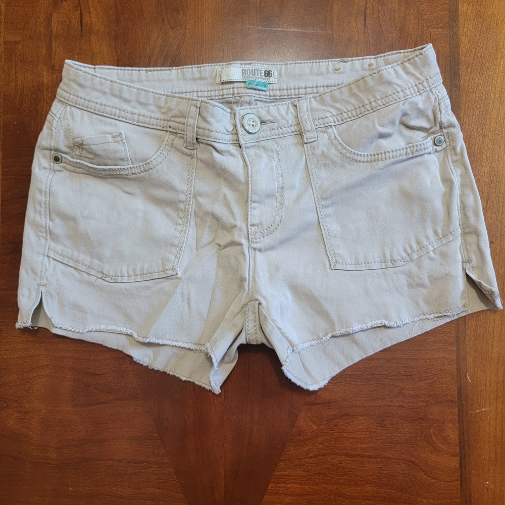 Route 66 Tan Jean Shorts with Distressed Hem